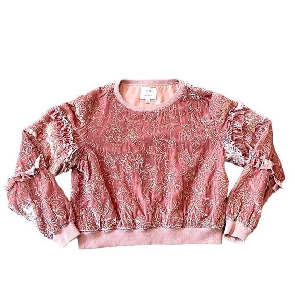 Cinq à Sept Nara Embroidered Velvet Crew Neck Sweater with Ruffle Detail XS - Picture 1 of 14